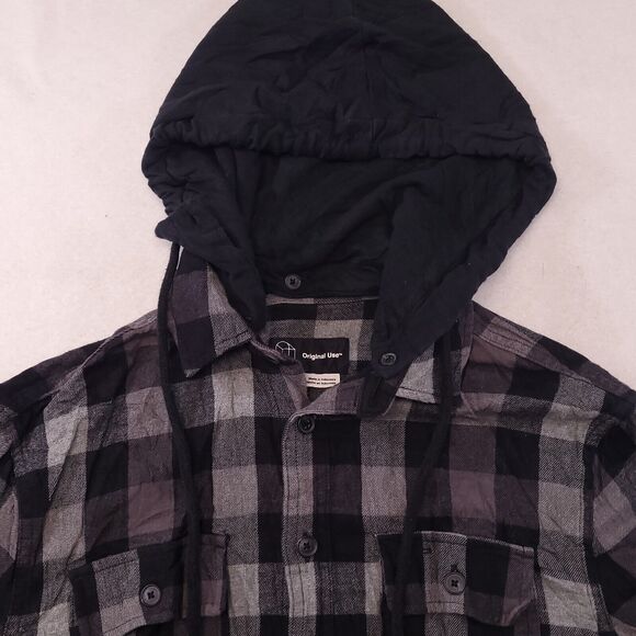 Original Use Casual Button Up Long Sleeve Hoodie Mens Size XS Gray Black Plaid - Picture 1 of 11